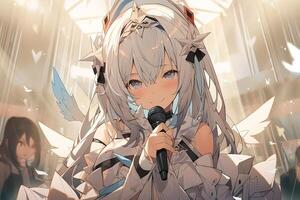ziemlich Anime Mädchen im Engel Outfit halten ein Mikrofon. generiert ai. foto