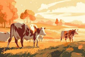 Kühe Weiden lassen auf ein Bauernhof mit Sonnenlicht, Bauernhof Landschaft Illustration mit generativ ai foto
