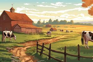 Kühe Weiden lassen auf ein Bauernhof mit Sonnenlicht, Bauernhof Landschaft Illustration mit generativ ai foto
