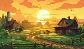 Bauernhaus im Sonnenlicht, Bauernhof Landschaft Illustration foto