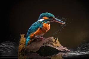 verbreitet europäisch Eisvogel Fluss Eisvogel fliegend nach entstehenden von Wasser mit gefangen Fisch Beute im Schnabel foto