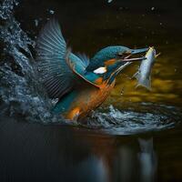 verbreitet europäisch Eisvogel Fluss Eisvogel fliegend nach entstehenden von Wasser mit gefangen Fisch Beute im Schnabel foto