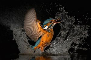 verbreitet europäisch Eisvogel Fluss Eisvogel fliegend nach entstehenden von Wasser mit gefangen Fisch Beute im Schnabel ai generativ foto