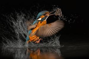 verbreitet europäisch Eisvogel Fluss Eisvogel fliegend nach entstehenden von Wasser mit gefangen Fisch Beute im Schnabel ai generativ foto