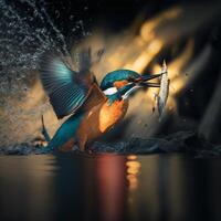 verbreitet europäisch Eisvogel Fluss Eisvogel fliegend nach entstehenden von Wasser mit gefangen Fisch Beute im Schnabel ai generativ foto
