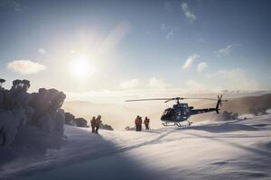 medizinisch Rettung Hubschrauber Landung im schneebedeckt Berge. generativ ai foto