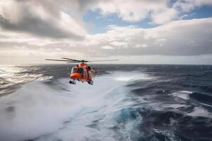 Notfall Rettung Hubschrauber fliegt Über Meer Oberfläche. generativ ai foto