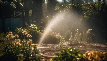 Wasser Spritzen sprühen beim das Gemüse Feld Ernte oder Garten Boden könnte Sein von Schlauch oder Garten Sprinkler. Bewässerung das Pflanze beim das Garten Hinterhof oder Gemüse Ernte. foto