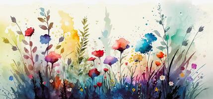 generativ ai Illustration von ein Aquarell Wiese mit Frühling Blumen foto