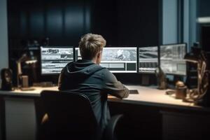 Mann Arbeit mit Video Editor funktioniert hinter mehrere Monitore generativ ai foto