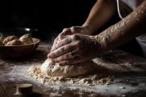 Frau Hände kneten Teig, Herstellung brotgenerativ ai foto