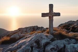 Stein Kreuz und Gott Licht beim Sonnenaufgang im das Felsen generativ ai foto