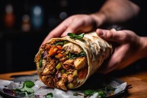 saftig gekocht Döner im Hand generativ ai foto