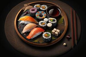 sehr lecker Sushi serviert auf ein dunkel hölzern Teller mit Essstäbchen und Saucen erstellt mit generativ ai Technologie foto
