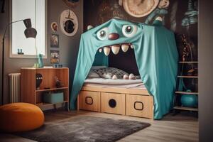 ein Kinder Schlafzimmer mit ein Monster- Bett erstellt mit generativ ai Technologie. foto