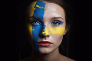 schließen oben von ein weiblich Gesicht mit ukrainisch Farben erstellt mit generativ ai Technologie. foto
