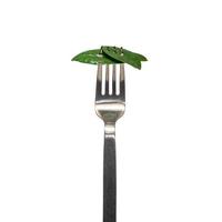Grün frisch Blätter gepflückt durch ein Gabel zum Essen wie Neu vegan Essen isoliert beim Weiß Hintergrund. Konzept von gesund Essen, Vitamine und gesund vegan Leben. foto