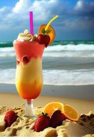 Cocktails auf ein Luxus tropisch Urlaub. tropisch Früchte mit frisch Saft Cocktails im Mason Gläser auf ein hölzern Tabelle auf ein Sand Strand und Meer Hintergrund. generativ ai foto