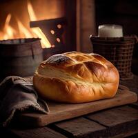 Korb von Französisch brot, traditionell Brasilianer Brot mit Feuer Hintergrund. frisch Brot auf das hölzern. hausgemacht Französisch Brot auf hölzern. generativ ai foto