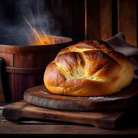 Korb von Französisch brot, traditionell Brasilianer Brot mit Feuer Hintergrund. frisch Brot auf das hölzern. hausgemacht Französisch Brot auf hölzern. generativ ai foto
