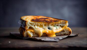 Nahansicht von ein gegrillt Käse mit geschmolzen Käse im ein Holz Platte. hausgemacht gegrillt Käse Sandwich zum Frühstück. lecker Toast Sandwiches mit Käse auf hölzern Tisch. generativ ai foto