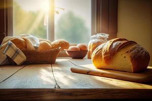 frisch Brot auf das Küche Tabelle im Vorderseite von ein Fenster mit ein Landschaft Panorama, gesund Essen und traditionell Bäckerei Konzept. generativ ai foto