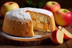 Schwamm Kuchen oder Chiffon Kuchen mit Äpfel, damit Sanft und köstlich mit Zutaten Eier, Mehl, Äpfel auf hölzern Tisch. hausgemacht Bäckerei Konzept zum Hintergrund und Hintergrund. generativ ai. foto