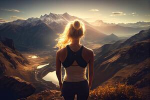 Fitness Mädchen steht beim Sonnenuntergang im das Berge. Himmel Betrieb. ein jung Mädchen Spaziergänge entlang ein Berg Angebot beim Sonnenuntergang. generativ ai foto