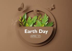 3d Wiedergabe. Erde Tag Konzept. Papier Schnitt Planet Erde und Grün Blatt auf ein braun Hintergrund. foto