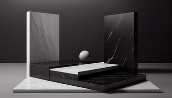 Marmor Produkt Anzeige auf schwarz Hintergrund mit modern Kulissen Studio. leeren Sockel oder Podium Plattform. generativ ai foto