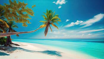 Illustration tropisch Paradies Strand mit Weiß Sand und Kokos Palmen Reise Tourismus breit Panorama Hintergrund Konzept. generativ ai foto