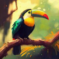 schließen oben auf ein Orange und Gelb Rechnung Tukan Vogel, thront auf ein tropisch Baum Ast. generativ ai foto
