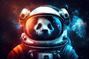 Panda Porträt im Raum passen mit Galaxis und Nebel reflektiert im Helm Glas. ai generiert foto