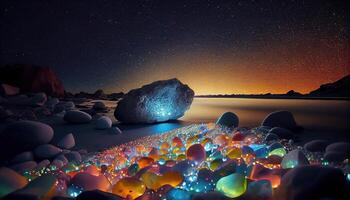 das verträumt Strand von das sternenklar Himmel, ein Stück von bunt fluoreszierend Kristall Kieselsteine funkelt . ai generiert foto