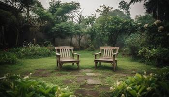 Hinterhof Garten hölzern Stuhl ein Platz zu sitzen und entspannen mit Natur und Pflanze umgeben. Hintergrund und Hintergrund. foto