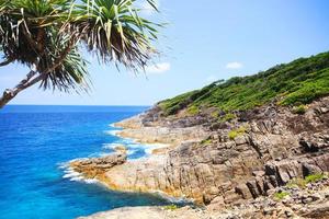 schön Paradies im Sommer- von Seelandschaft und Meer Horizont mit Ruhe Ozean und Blau Himmel auf Felsen Berg Kap.tropisch Strand Pflanzen und Urwald Insel foto