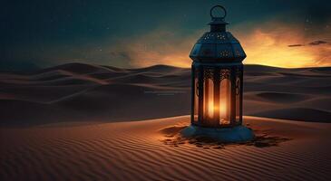Ramadan islamisch Laterne auf Wüste Hintergrund, im das Stil von romantisch Mondschein Meereslandschaften, Blau und Bernstein, mysteriös Traumlandschaften, dekorativ Gemälde, Illustration generativ ai foto