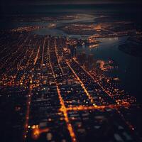schön szenisch Nacht Stadt Aussicht durch das Flugzeug Fenster. Fenster Sitz auf Flugzeug mit Blick auf Nacht Sicht. generativ ai foto