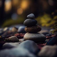 Pyramide von Meer Kieselsteine auf ein sonnig Sand Strand. Leben Balance und Harmonie Konzept. Stein, Felsen, Gleichgewicht. generativ ai. foto