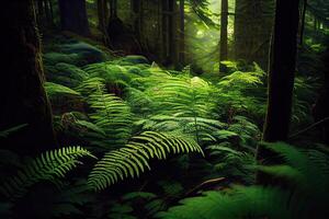 tropisch Dschungel von Süd-Ost Asien. Weg durch das dunkel immergrün Wald. generativ ai foto