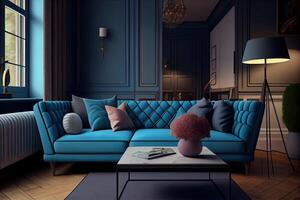 Luxus Leben Zimmer im ein Haus mit modern Innere Design, blau Sofa, Kaffee Tisch, Puff, Blau Dekoration, Anlage, Lampe, Teppich, spotten oben Poster Rahmen und elegant Zubehör. Vorlage. generativ ai foto