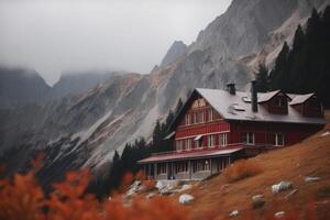 Hütte im Natur. Hütte im Berge. generativ ai foto