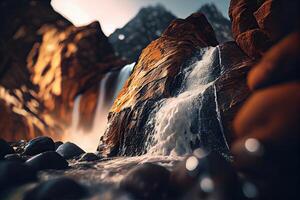 Nahansicht Aussicht von Strom Wasserfall. Wasserfall Nahansicht Hintergrund. Wasser fallen auf das Felsen im schließen hoch. generativ ai. foto