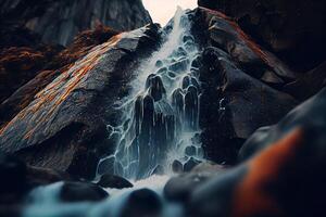 Nahansicht Aussicht von Strom Wasserfall. Wasserfall Nahansicht Hintergrund. Wasser fallen auf das Felsen im schließen hoch. generativ ai. foto