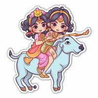 Karikatur Charakter Aufkleber von krishna Reiten auf Kuh mit Radha generativ ai foto