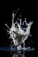 Milch Spritzen auf schwarz Hintergrund generativ ai foto