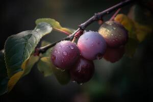 Sanft Farbtöne von das Pflaume auf ein Ast von Baum generativ ai foto