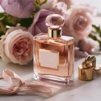 ein zart Rosa Rose Parfüm zum Frauen generativ ai foto