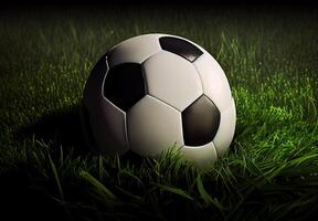 klassisch Fußball Ball im ein Fußball Stadion auf ein Grün Rasen - - ai generiert Bild foto