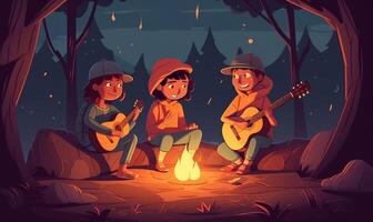 Kinder spielen Gitarre auf ein Lager Feuer, Illustration Design mit generativ ai foto